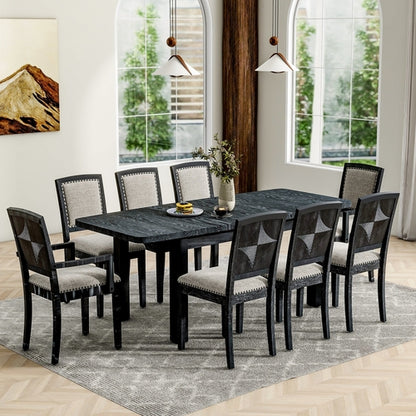 Rustic Extendable Dining Table Set with Removable Leaf, 6 Upholstered
