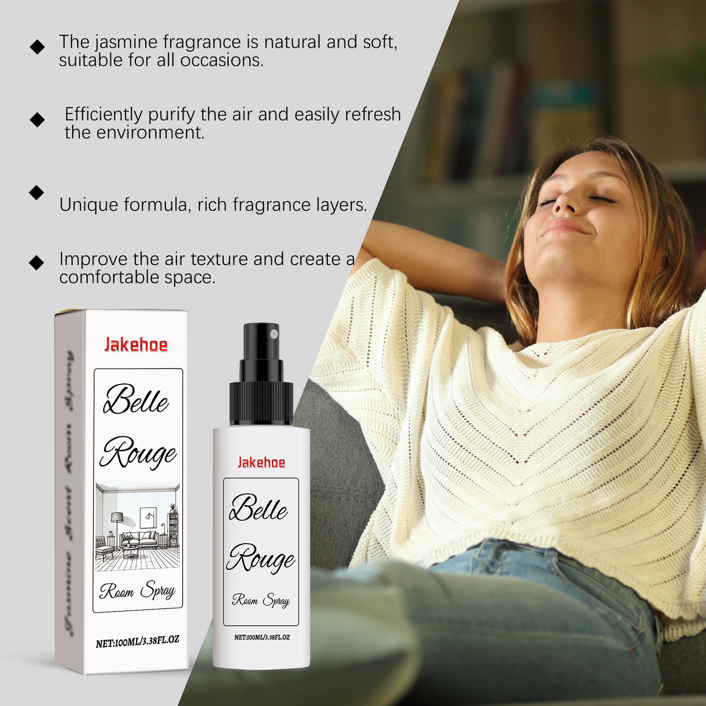 Jakehoe Jasmine Fragrance Indoor Spray, Indoor Living Room Bathroom Lasting Fragrance Purifying Air Spray