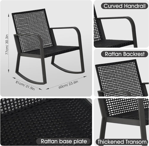 Three Piece Patio Bistro Set With Rocking Chairs And Cushions Beige