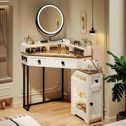 White Corner Vanity Mirror With Built In Charging Station