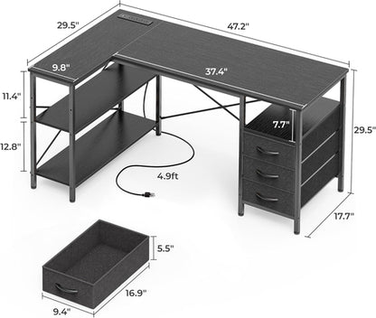 L Shaped Desk with Power Outlets, Computer Desk with 3 Drawers, 47