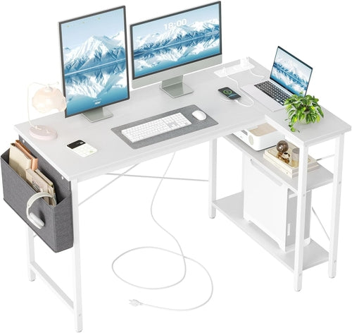 L Shaped Corner Desk 47 Inch With Power Outlets White
