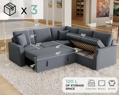 Grey L Shaped Sectional Sofa Bed 85 Inch With Storage