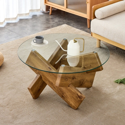 Modern Round Glass Coffee Table – 33.4" Tempered Glass Top with MDF
