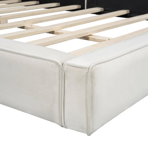 Queen Size Upholstered Platform Bed with Velvet Fabric, Grounded Bed