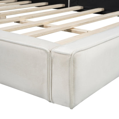Queen Size Upholstered Platform Bed with Velvet Fabric, Grounded Bed
