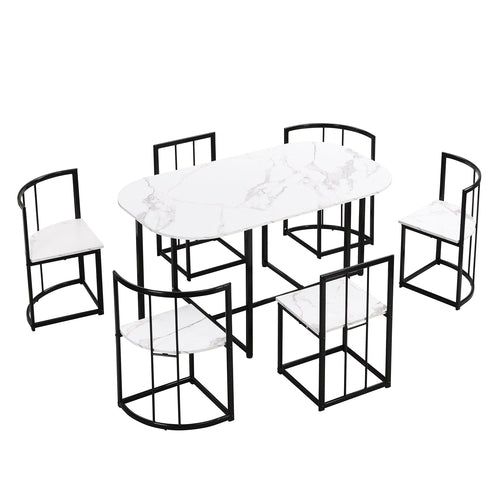 Modern 7-Piece Dining Table Set with Faux Marble Compact 55Inch