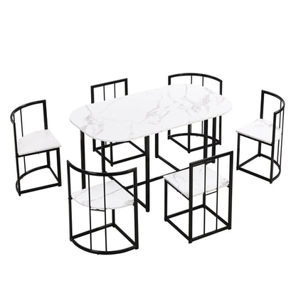 Modern 7-Piece Dining Table Set with Faux Marble Compact 55Inch