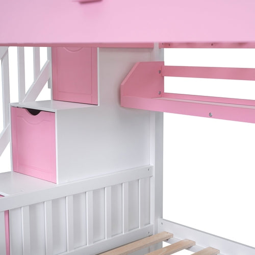 Full-Over-Full Castle Style Bunk Bed with 2 Drawers, 3 Shelves and