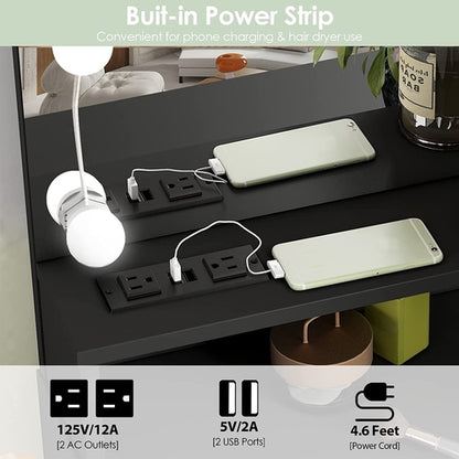 Black Makeup Vanity Table With Lighted Mirror And USB Ports