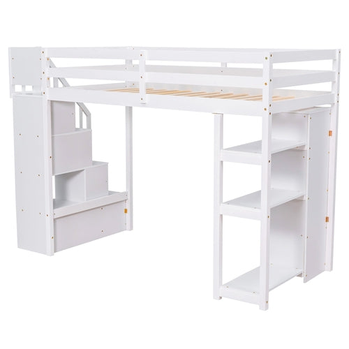 Twin size Loft Bed with Storage Drawers and Stairs, Wooden Loft Bed