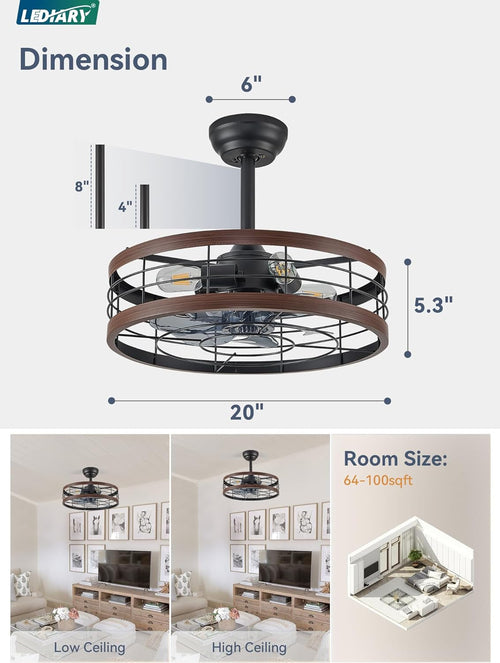 20 Inch Walnut Caged Fandelier Ceiling Fan With Light And Remote