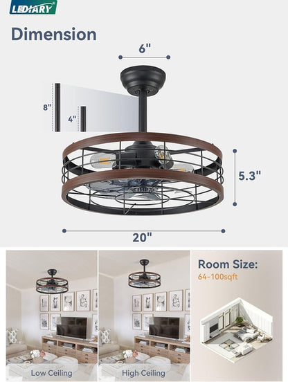 20 Inch Walnut Caged Fandelier Ceiling Fan With Light And Remote