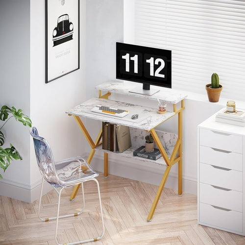 27.5 Inch Computer Desk With Monitor Stand And Storage White Marble