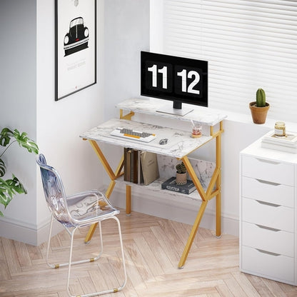 27.5 Inch Computer Desk With Monitor Stand And Storage White Marble