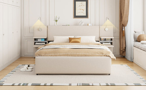 Queen Size Upholstered Platform Bed with Reading Lights, Drawers,