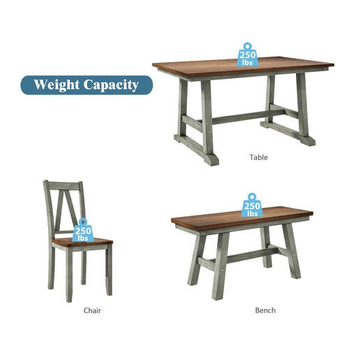 6-Piece Wood Dining Table Set with Long Bench and 4 Dining Chairs,