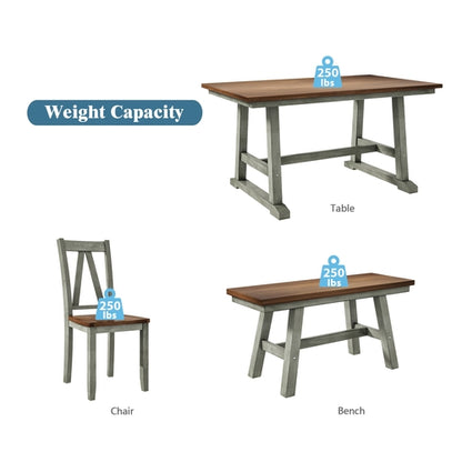 6-Piece Wood Dining Table Set with Long Bench and 4 Dining Chairs,