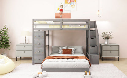 Twin Over Full Bunk Bed with 3-layer Shelves, Drawers and Storage