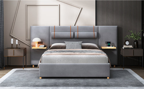 Upholstered Platform Bed with Outlets, USB Ports, Pillows and Storage