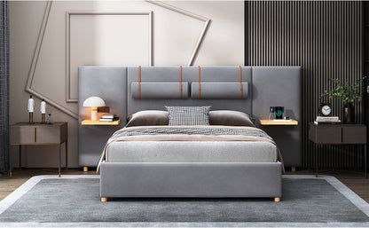Upholstered Platform Bed with Outlets, USB Ports, Pillows and Storage