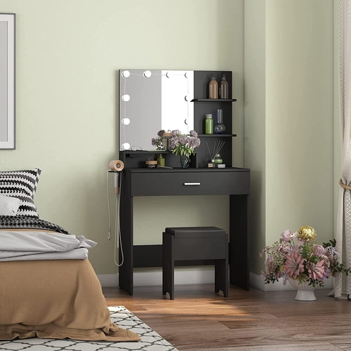 Black Makeup Vanity Table With Lighted Mirror And USB Ports