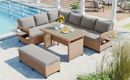 5-Piece Outdoor Patio Rattan Sofa Set, Sectional PE Wicker L-Shaped