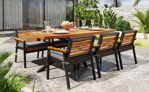 Modern 7-Piece Dining Set, Acacia Wood with Iron Frame, 6 Chairs with