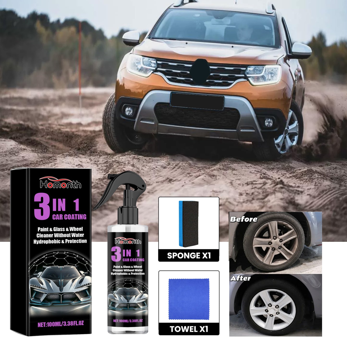3 In 1 Car Coating, Car Paint Brightening Tire Cleaning Decontamination Polishing Retreading Spray