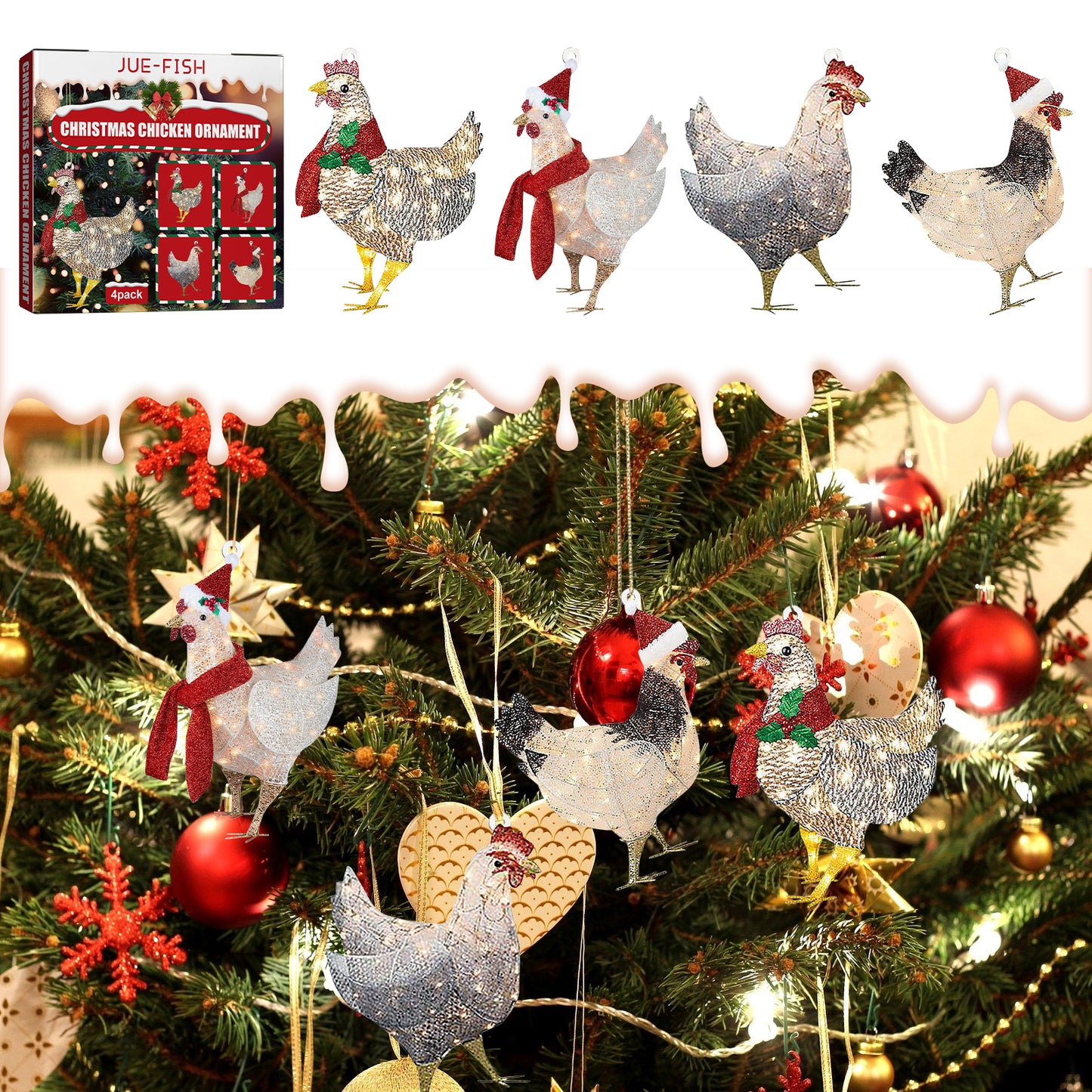 Jue-Fish Christmas Scarf Chicken Pendant Set, Decorated Chicken Pendant For Home Holiday Party Christmas Tree Atmosphere