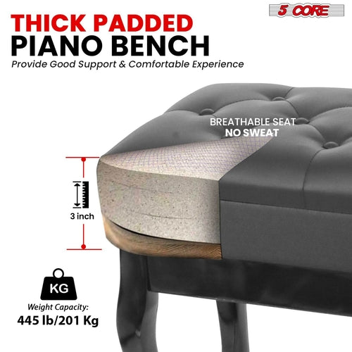 5 Core Piano Bench 3" Padded Cushioned Stool Wooden Heavy Duty