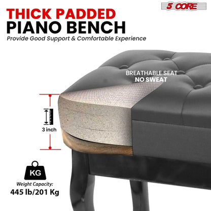 5 Core Piano Bench 3" Padded Cushioned Stool Wooden Heavy Duty