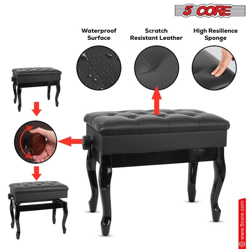 5 Core Piano Bench 3" Padded Cushioned Stool Wooden Heavy Duty
