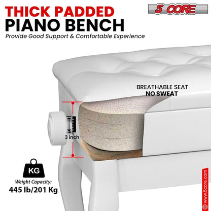 5 Core Piano Bench 3" Padded Cushioned Stool Wooden Heavy Duty
