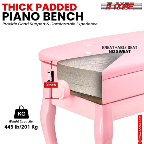 5 Core Piano Bench 3" Padded Cushioned Stool Wooden Heavy Duty