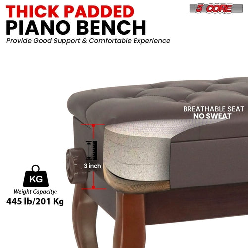 5 Core Piano Bench 3" Padded Cushioned Stool Wooden Heavy Duty