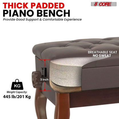 5 Core Piano Bench 3" Padded Cushioned Stool Wooden Heavy Duty