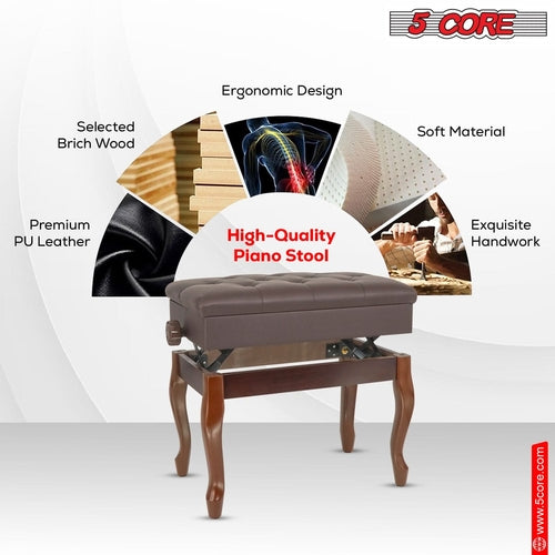 5 Core Piano Bench 3" Padded Cushioned Stool Wooden Heavy Duty
