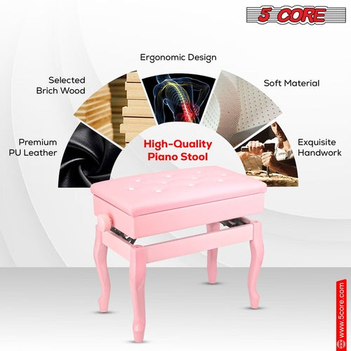 5 Core Piano Bench 3" Padded Cushioned Stool Wooden Heavy Duty