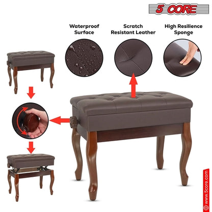 5 Core Piano Bench 3" Padded Cushioned Stool Wooden Heavy Duty