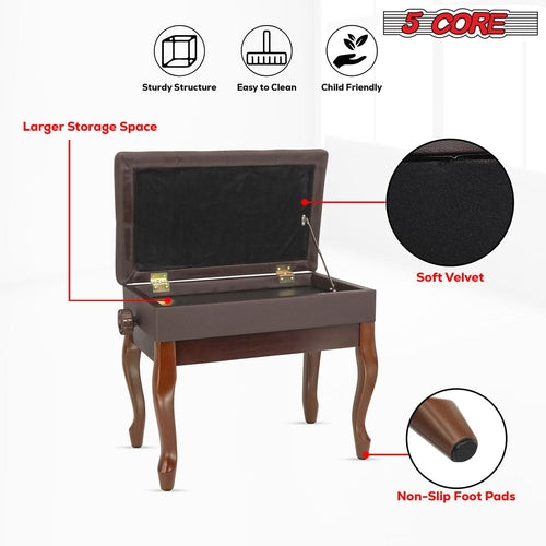 5 Core Piano Bench 3" Padded Cushioned Stool Wooden Heavy Duty