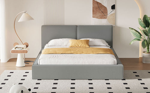 Queen Size Upholstered Platform Bed with Velvet Fabric, Grounded Bed