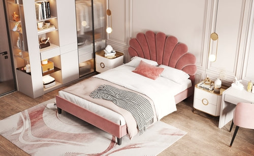 Upholstered Platform Bed with Flower Pattern Velvet Headboard