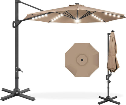 10 Foot Solar LED Cantilever Patio Umbrella With Lights Cross Base For