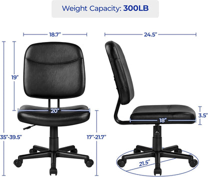 Armless Ergonomic Office Chair Black PU Leather Swivel