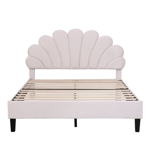 Upholstered Platform Bed with Flower Pattern Velvet Headboard