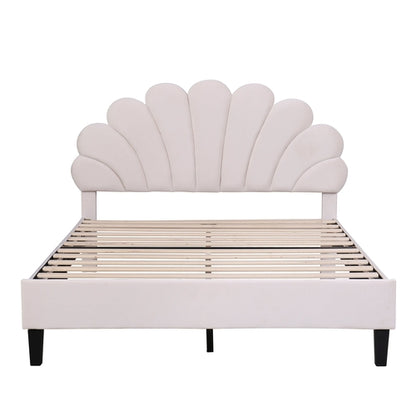 Upholstered Platform Bed with Flower Pattern Velvet Headboard