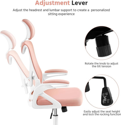 Ergonomic Office Chair High Back Mesh White Pink Lumbar