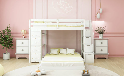 Twin Over Full Bunk Bed with 3-layer Shelves, Drawers and Storage