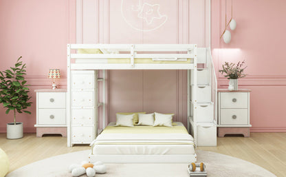 Twin Over Full Bunk Bed with 3-layer Shelves, Drawers and Storage